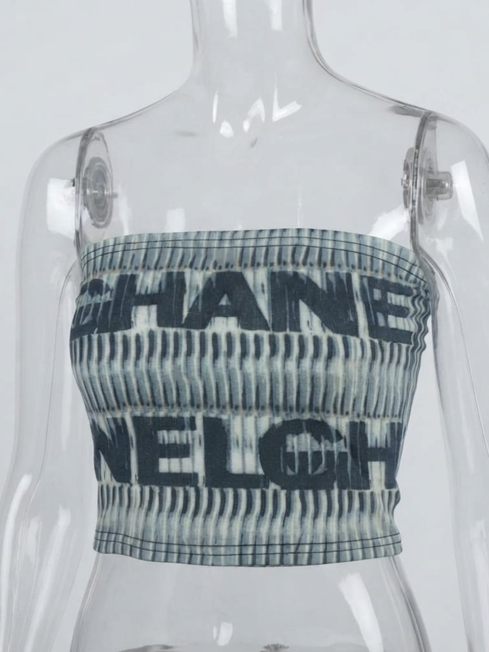 Zara Graphic Print Denim Bandeau Crop Top